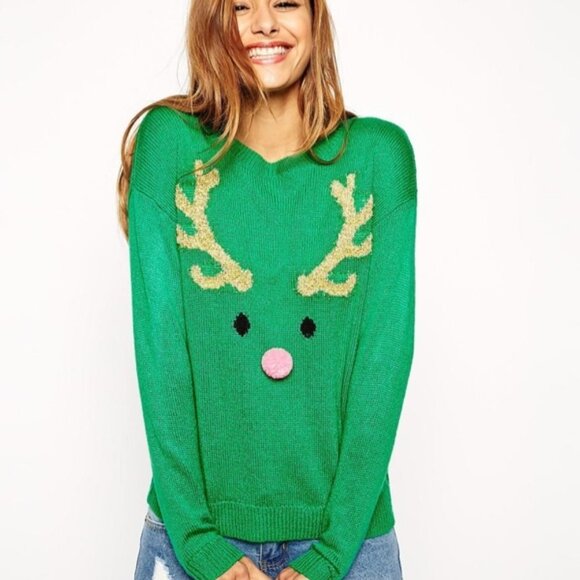 ASOS Christmas Sweater with Reindeer Face And Pom Pom 2 - Picture 1 of 11